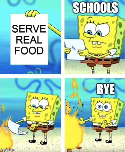 Spongebob Burning Paper | SCHOOLS; SERVE REAL FOOD; BYE | image tagged in spongebob burning paper | made w/ Imgflip meme maker