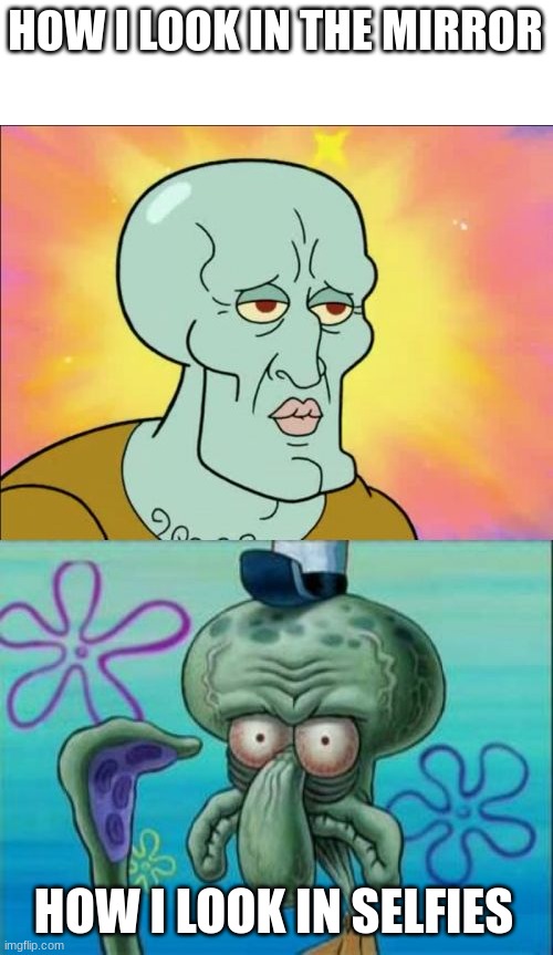 Squidward | HOW I LOOK IN THE MIRROR; HOW I LOOK IN SELFIES | image tagged in memes,squidward | made w/ Imgflip meme maker