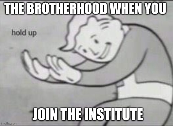 da goofyhood | THE BROTHERHOOD WHEN YOU; JOIN THE INSTITUTE | image tagged in fallout hold up | made w/ Imgflip meme maker