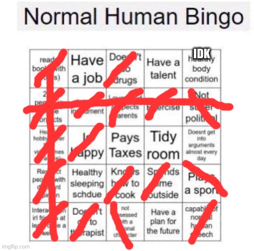 Normal human bingo | IDK | image tagged in normal human bingo | made w/ Imgflip meme maker