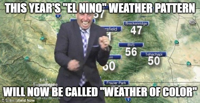 Idiot Weatherman | THIS YEAR'S "EL NINO" WEATHER PATTERN; WILL NOW BE CALLED "WEATHER OF COLOR" | image tagged in idiot weatherman | made w/ Imgflip meme maker