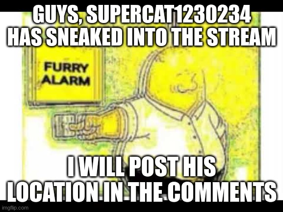 INTRUDER ALERT! | GUYS, SUPERCAT1230234 HAS SNEAKED INTO THE STREAM; I WILL POST HIS LOCATION IN THE COMMENTS | image tagged in furry alarm | made w/ Imgflip meme maker