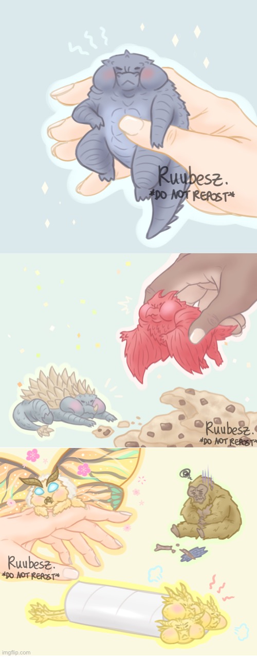 I know I posted this a year ago but frick it… | image tagged in godzilla,king ghidorah,mothra,cute | made w/ Imgflip meme maker