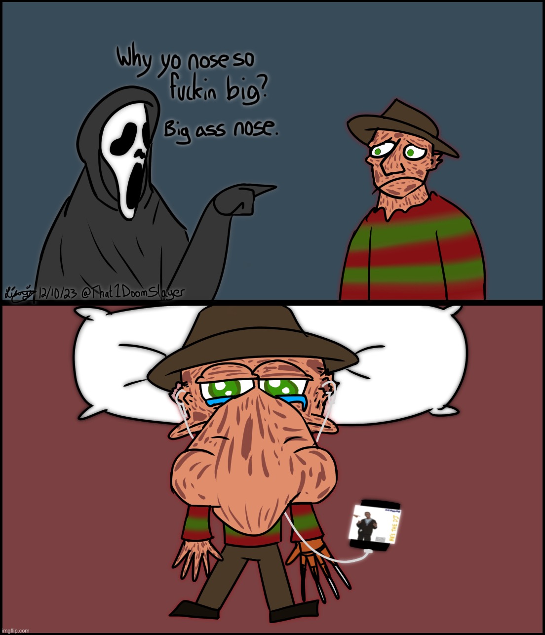 Freddy do got a big nose tho | image tagged in drawings,digital art,spooky month,freddy krueger,ghostface,why are you reading the tags | made w/ Imgflip meme maker