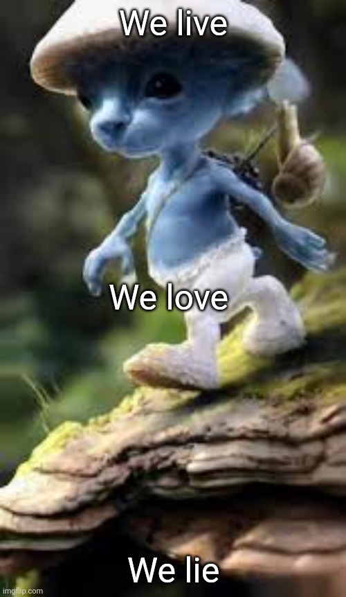 We live we love we lie | We live; We love; We lie | image tagged in blue smerf cat | made w/ Imgflip meme maker
