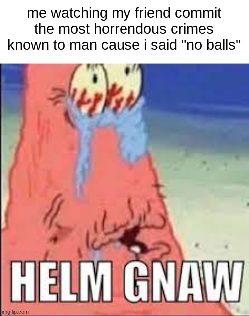 this happens all the time | me watching my friend commit the most horrendous crimes known to man cause i said "no balls" | image tagged in helm gnaw | made w/ Imgflip meme maker