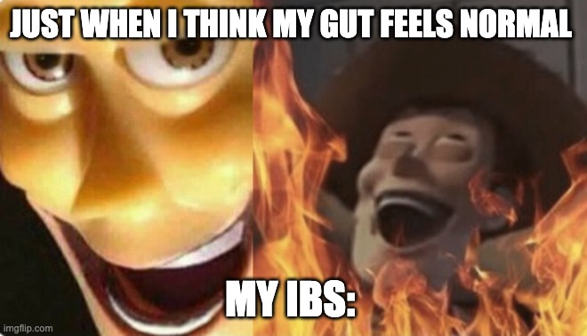 my IBS | JUST WHEN I THINK MY GUT FEELS NORMAL; MY IBS: | image tagged in satanic woody no spacing | made w/ Imgflip meme maker