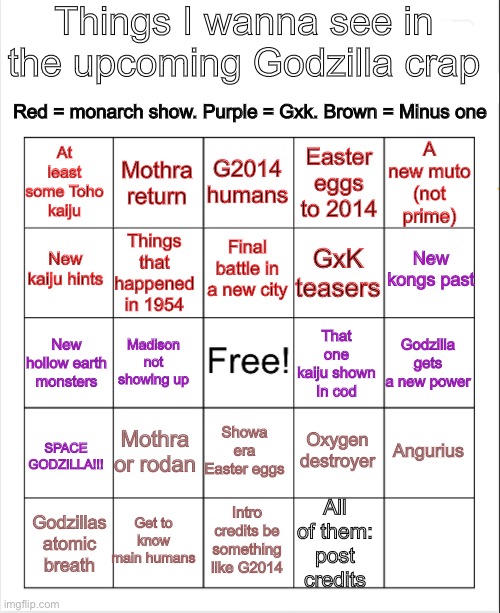 I have a ton of shit lol | Things I wanna see in the upcoming Godzilla crap; Red = monarch show. Purple = Gxk. Brown = Minus one; A new muto (not prime); At least some Toho kaiju; G2014 humans; Mothra return; Easter eggs to 2014; Things that happened in 1954; New kongs past; Final battle in a new city; GxK teasers; New kaiju hints; That one kaiju shown In cod; New hollow earth monsters; Godzilla gets a new power; Madison not showing up; Showa era Easter eggs; Mothra or rodan; SPACE GODZILLA!!! Angurius; Oxygen destroyer; Get to know main humans; All of them: post credits; Intro credits be something like G2014; Godzillas atomic breath | image tagged in blank bingo,godzilla | made w/ Imgflip meme maker