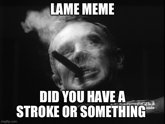 General Ripper (Dr. Strangelove) | LAME MEME DID YOU HAVE A STROKE OR SOMETHING | image tagged in general ripper dr strangelove | made w/ Imgflip meme maker