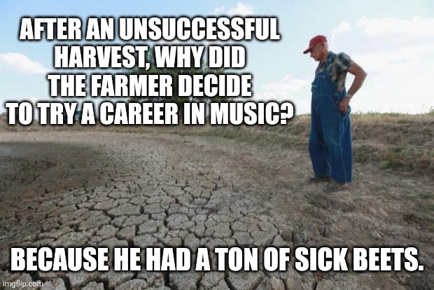Sick Beets | AFTER AN UNSUCCESSFUL HARVEST, WHY DID THE FARMER DECIDE TO TRY A CAREER IN MUSIC? BECAUSE HE HAD A TON OF SICK BEETS. | image tagged in drought farmer,dad joke,funny,jokes,puns | made w/ Imgflip meme maker