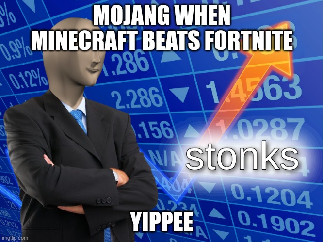 stonks | MOJANG WHEN MINECRAFT BEATS FORTNITE; YIPPEE | image tagged in stonks | made w/ Imgflip meme maker
