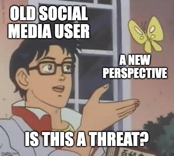 echo chamber | OLD SOCIAL MEDIA USER; A NEW PERSPECTIVE; IS THIS A THREAT? | image tagged in memes,is this a pigeon | made w/ Imgflip meme maker