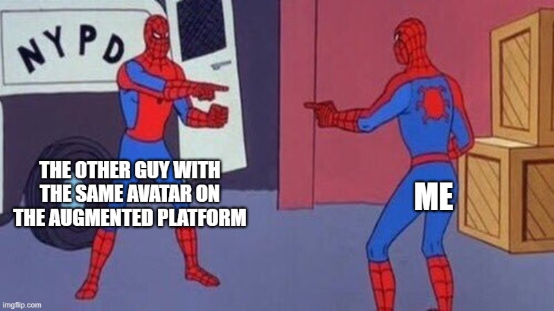 spiderman pointing at spiderman | THE OTHER GUY WITH THE SAME AVATAR ON THE AUGMENTED PLATFORM; ME | image tagged in spiderman pointing at spiderman | made w/ Imgflip meme maker
