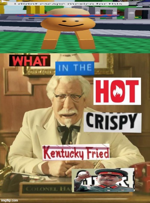 Did he escape mexico? | image tagged in what in the hot crispy kentucky fried frick,mexico | made w/ Imgflip meme maker
