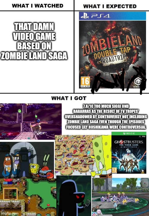 What I Watched/ What I Expected/ What I Got | THAT DAMN VIDEO GAME BASED ON ZOMBIE LAND SAGA; 7.8/10 TOO MUCH SIGGI UND BABARRAS AS THE RESULT OF TV TROPES' OVERSHADOWED BY CONTROVERSY NOT INCLUDING ZOMBIE LAND SAGA EVEN THOUGH THE EPISODES FOCUSED LILY HOSHIKAWA WERE CONTROVERSIAL | image tagged in what i watched/ what i expected/ what i got,spongebob squarepants,ghostbusters,hyperdimension neptunia | made w/ Imgflip meme maker