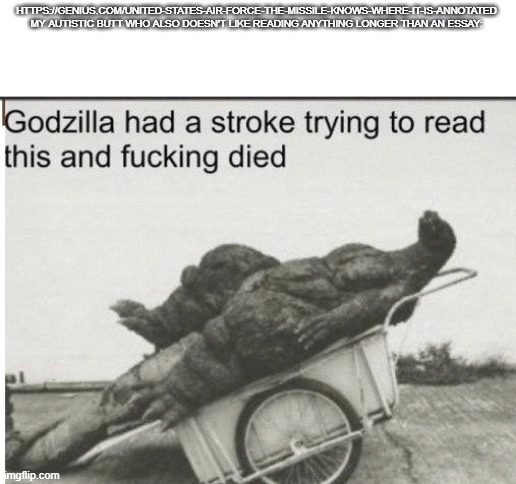 Godzilla | HTTPS://GENIUS.COM/UNITED-STATES-AIR-FORCE-THE-MISSILE-KNOWS-WHERE-IT-IS-ANNOTATED

MY AUTISTIC BUTT WHO ALSO DOESN'T LIKE READING ANYTHING LONGER THAN AN ESSAY: | image tagged in godzilla | made w/ Imgflip meme maker