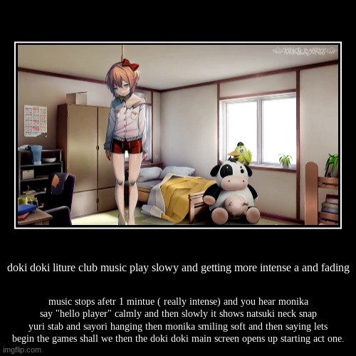 yes this is OG but i scared myself when doing this. | doki doki liture club music play slowy and getting more intense a and fading | music stops afetr 1 mintue ( really intense) and you hear mon | image tagged in funny,demotivationals | made w/ Imgflip demotivational maker