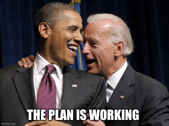 Obama & Biden laugh | THE PLAN IS WORKING | image tagged in obama biden laugh | made w/ Imgflip meme maker