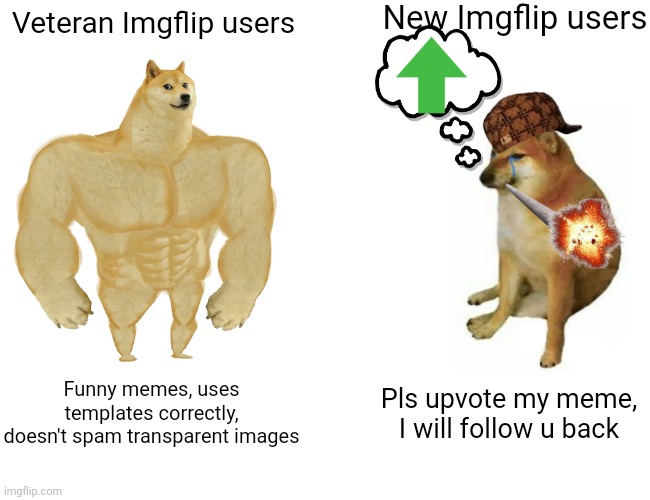 Too many of these memes are clogging up the front page. | New Imgflip users; Veteran Imgflip users; Funny memes, uses templates correctly, doesn't spam transparent images; Pls upvote my meme, I will follow u back | image tagged in memes,buff doge vs cheems,upvote begging,new users | made w/ Imgflip meme maker