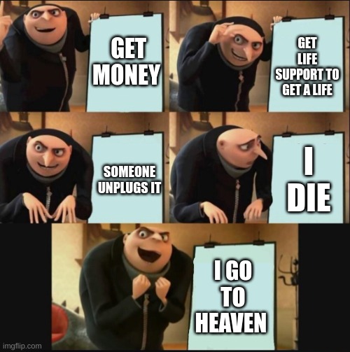 5 panel gru meme | GET MONEY; GET LIFE SUPPORT TO GET A LIFE; I DIE; SOMEONE UNPLUGS IT; I GO TO HEAVEN | image tagged in 5 panel gru meme | made w/ Imgflip meme maker