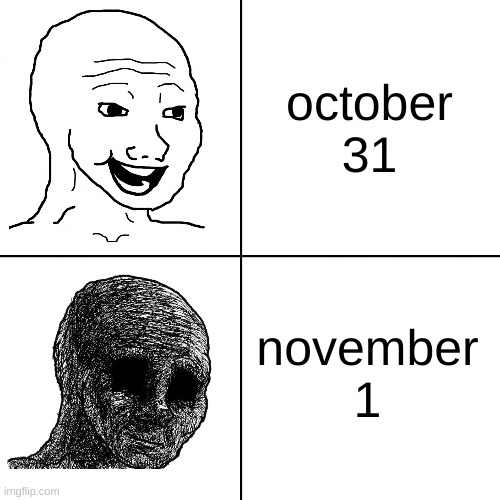when is halloween? | october 31; november 1 | image tagged in happy wojak vs depressed wojak | made w/ Imgflip meme maker