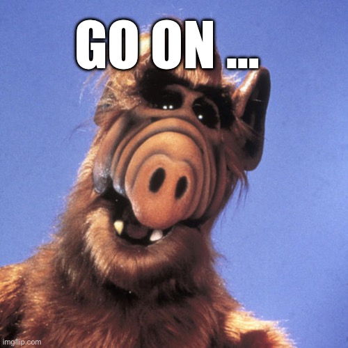 Alf  | GO ON … | image tagged in alf | made w/ Imgflip meme maker