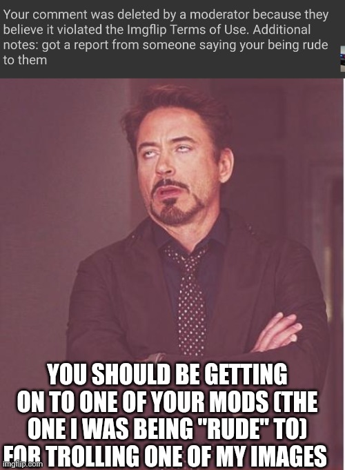 (DarthSwede note: what happend?) | YOU SHOULD BE GETTING ON TO ONE OF YOUR MODS (THE ONE I WAS BEING "RUDE" TO) FOR TROLLING ONE OF MY IMAGES | image tagged in memes,face you make robert downey jr | made w/ Imgflip meme maker