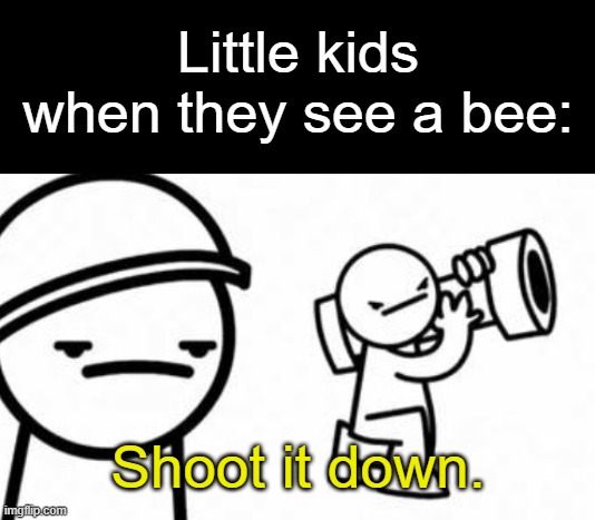 I can relate to this. What about you, guys? | Little kids when they see a bee:; Shoot it down. | image tagged in asdf movie shoot it down,memes,funny,relatable | made w/ Imgflip meme maker