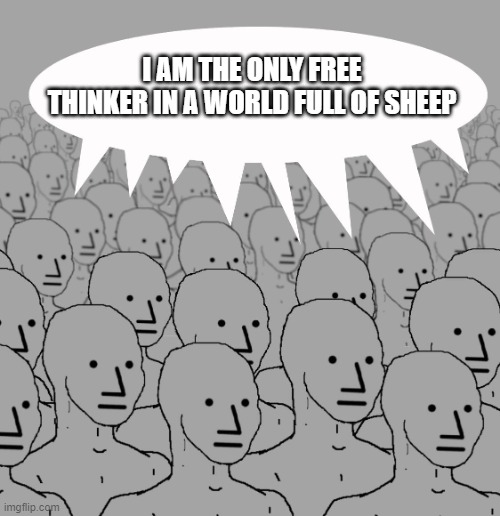 npc-crowd | I AM THE ONLY FREE THINKER IN A WORLD FULL OF SHEEP | image tagged in npc-crowd | made w/ Imgflip meme maker