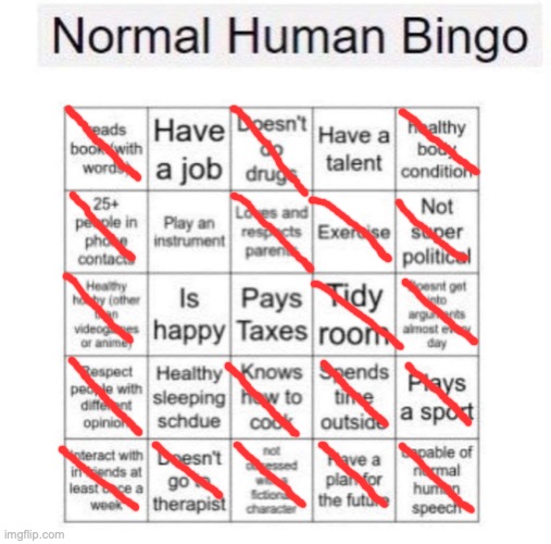 i applied to market basket 3 times bro and my dance studio literally said i could work for them but then never gave me a class t | image tagged in normal human bingo | made w/ Imgflip meme maker