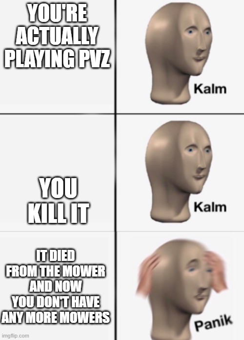 kalm kalm panik | YOU'RE ACTUALLY PLAYING PVZ YOU KILL IT IT DIED FROM THE MOWER AND NOW YOU DON'T HAVE ANY MORE MOWERS | image tagged in kalm kalm panik | made w/ Imgflip meme maker