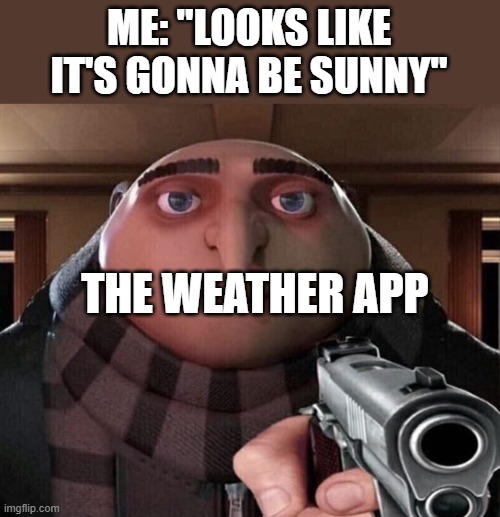 Gru Gun | ME: "LOOKS LIKE IT'S GONNA BE SUNNY"; THE WEATHER APP | image tagged in gru gun | made w/ Imgflip meme maker
