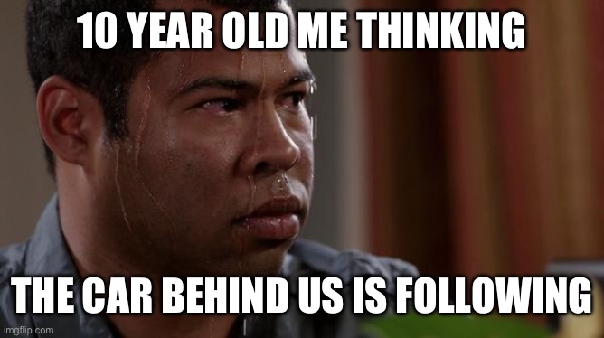 Who didn’t think of this | 10 YEAR OLD ME THINKING; THE CAR BEHIND US IS FOLLOWING | image tagged in sweating bullets,memes,funny | made w/ Imgflip meme maker