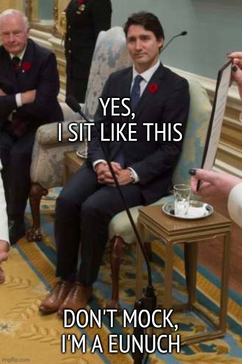 Yet he had children. Figure it out. | YES,
 I SIT LIKE THIS; DON'T MOCK, I'M A EUNUCH | image tagged in trudeau | made w/ Imgflip meme maker