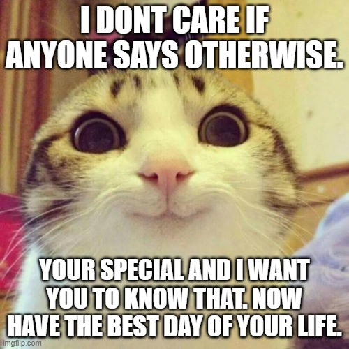 I DONT CARE IF ANYONE ELSE SAYS OTHERWISE. YOUR AWESOME! | I DONT CARE IF ANYONE SAYS OTHERWISE. YOUR SPECIAL AND I WANT YOU TO KNOW THAT. NOW HAVE THE BEST DAY OF YOUR LIFE. | image tagged in memes,smiling cat | made w/ Imgflip meme maker