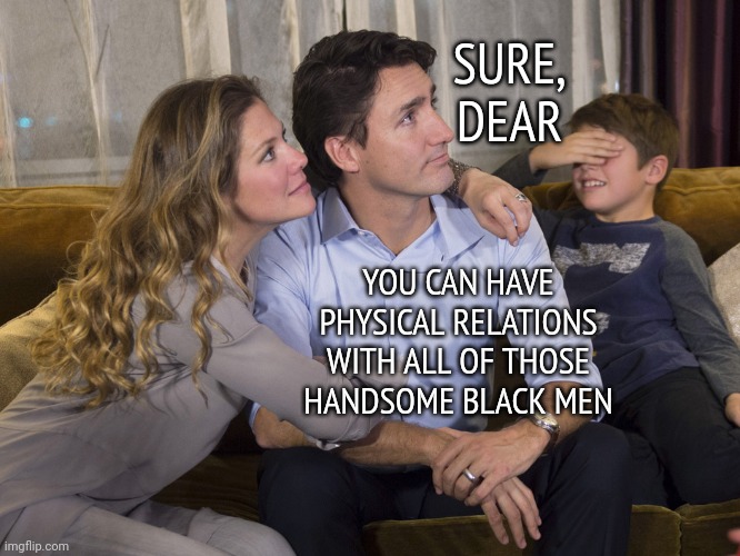 Still divorced him | SURE, DEAR; YOU CAN HAVE PHYSICAL RELATIONS WITH ALL OF THOSE HANDSOME BLACK MEN | image tagged in justin trudeau family | made w/ Imgflip meme maker
