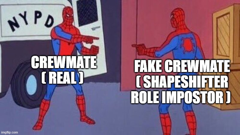 Among Us When you find the twin to stop you from doing the tasks | CREWMATE ( REAL ); FAKE CREWMATE ( SHAPESHIFTER ROLE IMPOSTOR ) | image tagged in spiderman pointing at spiderman | made w/ Imgflip meme maker