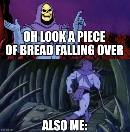 he man skeleton advices | OH LOOK A PIECE OF BREAD FALLING OVER ALSO ME: | image tagged in he man skeleton advices | made w/ Imgflip meme maker