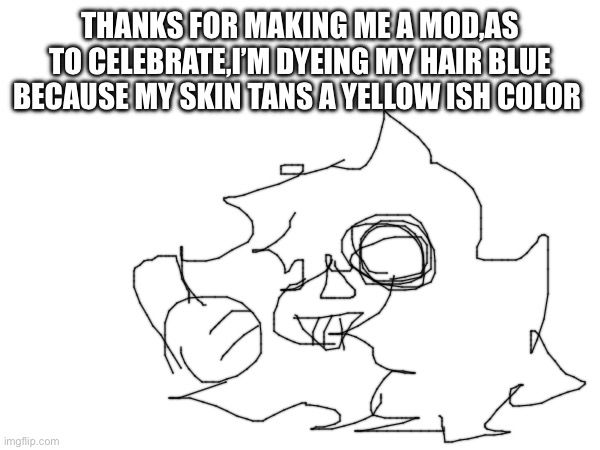 Thank you so much- | THANKS FOR MAKING ME A MOD,AS TO CELEBRATE,I’M DYEING MY HAIR BLUE BECAUSE MY SKIN TANS A YELLOW ISH COLOR | made w/ Imgflip meme maker