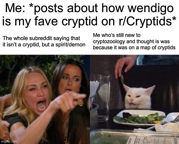 True story of what happened yesterday on reddit | Me: *posts about how wendigo is my fave cryptid on r/Cryptids*; The whole subreddit saying that it isn’t a cryptid, but a spirit/demon; Me who’s still new to cryptozoology and thought is was because it was on a map of cryptids | image tagged in memes,woman yelling at cat,reddit,cryptozoology | made w/ Imgflip meme maker