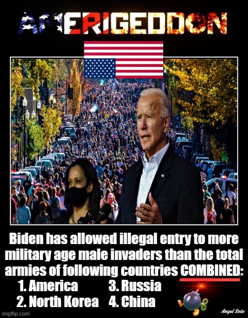 Amerigeddon, biden and harris illegal immigration crisis | Biden has allowed illegal entry to more
military age male invaders than the total
armies of following countries COMBINED:
  1. America            3. Russia                             
  2. North Korea    4. China; Angel Soto | image tagged in joe biden,illegal immigration,armageddon,russia,china,north korea | made w/ Imgflip meme maker