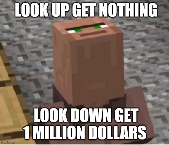 Minecraft Villager Looking Up | LOOK UP GET NOTHING; LOOK DOWN GET 1 MILLION DOLLARS | image tagged in minecraft villager looking up | made w/ Imgflip meme maker