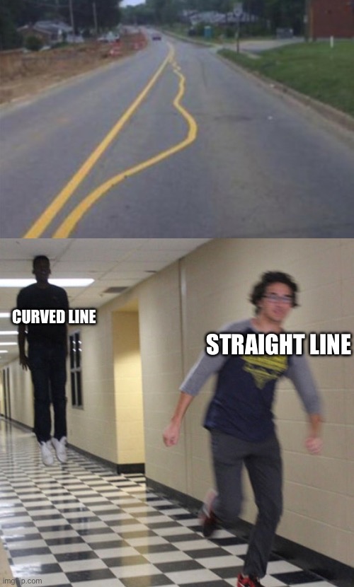 WHY | STRAIGHT LINE; CURVED LINE | image tagged in running away in hallway,memes,you had one job | made w/ Imgflip meme maker