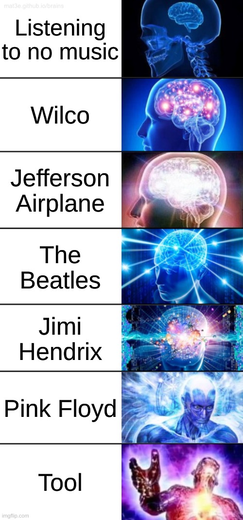 Psychedelic | Listening to no music; Wilco; Jefferson Airplane; The Beatles; Jimi Hendrix; Pink Floyd; Tool | image tagged in 7-tier expanding brain,music,psychedelic | made w/ Imgflip meme maker