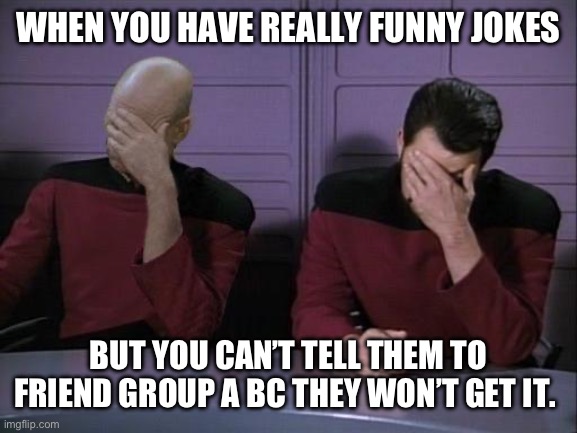 Fax though | WHEN YOU HAVE REALLY FUNNY JOKES; BUT YOU CAN’T TELL THEM TO FRIEND GROUP A BC THEY WON’T GET IT. | image tagged in double facepalm | made w/ Imgflip meme maker
