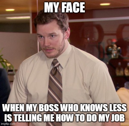 When my boss who knows less is telling me how to do my job | MY FACE; WHEN MY BOSS WHO KNOWS LESS IS TELLING ME HOW TO DO MY JOB | image tagged in memes,afraid to ask andy,funny,boss,scumbag boss | made w/ Imgflip meme maker