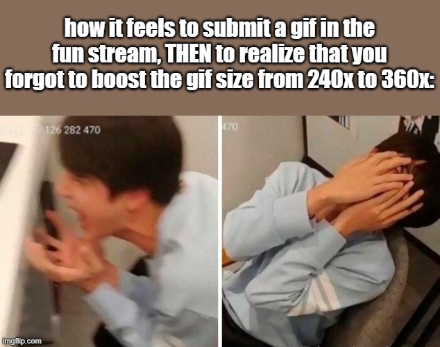 nooo | how it feels to submit a gif in the fun stream, THEN to realize that you forgot to boost the gif size from 240x to 360x: | image tagged in nooo | made w/ Imgflip meme maker