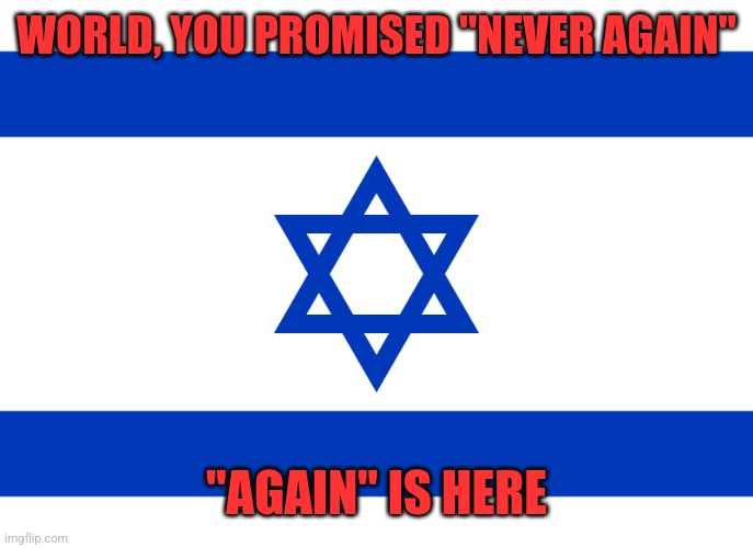 Star of David | WORLD, YOU PROMISED "NEVER AGAIN"; "AGAIN" IS HERE | image tagged in israel,never again,star of david | made w/ Imgflip meme maker