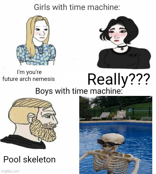 Pool skeleton | I'm you're future arch nemesis; Really??? Pool skeleton | image tagged in time machine,memes | made w/ Imgflip meme maker