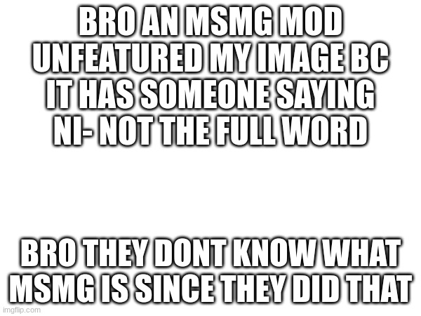 BRO AN MSMG MOD UNFEATURED MY IMAGE BC IT HAS SOMEONE SAYING NI- NOT THE FULL WORD; BRO THEY DONT KNOW WHAT MSMG IS SINCE THEY DID THAT | made w/ Imgflip meme maker